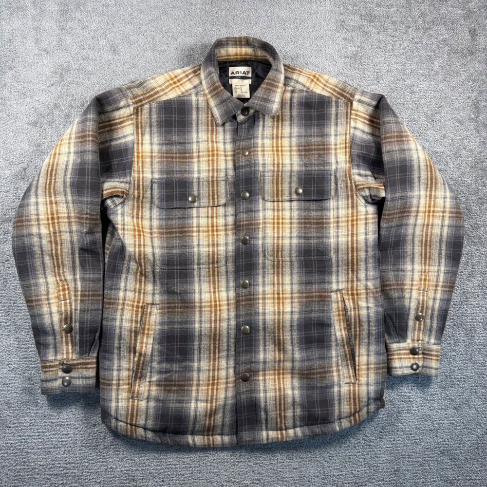 Ariat Retro Fit Mens Quilted Plaid Shirt Jacket Shacket Grey Brown Snap Front